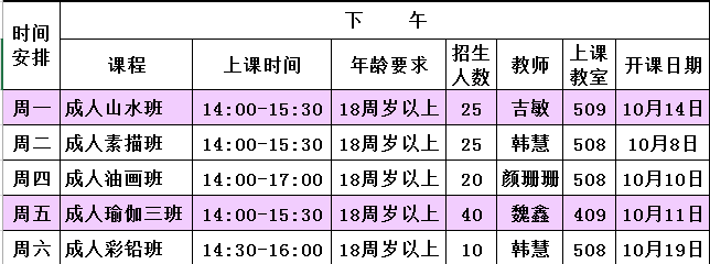 成人模特瑜伽美术类课表可点开放大查看